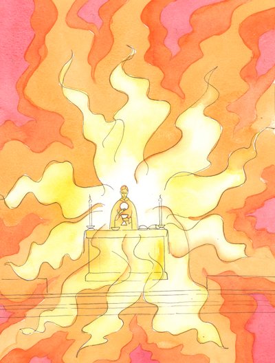 Cuando el pan y el vino se han convertido en el Sagrado Cuerpo y Sangre de Cristo, Él, el Cordero de Dios, nuestro Salvador, está sustancialmente Presente: el Cristo Resucitado, en el fuego de su Gloria Divina de Elizabeth Wang