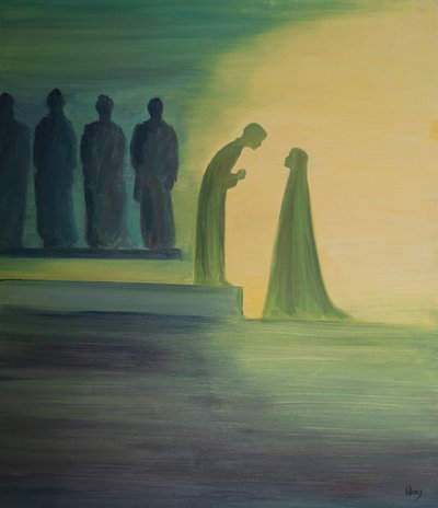 Cuando el niño Jesús fue encontrado en el Templo, se inclinó hacia adelante, explicando en silencio a su Santa Madre (con infinita bondad) que su obra ya había comenzado. de Elizabeth Wang