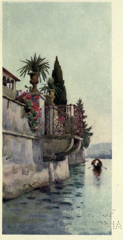 Un balcón, Lago di Como, ilustración de "Los lagos italianos" de Richard Bagot de Ella Du Cane