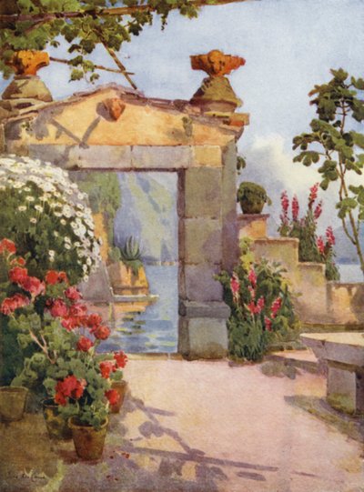 Una puerta en Varenna, Lago de Como (litografía en color) de Ella Du Cane