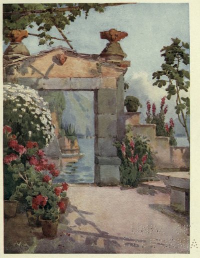 Una puerta en Varenna, Lago di Como, ilustración de "Los lagos italianos" de Richard Bagot de Ella Du Cane