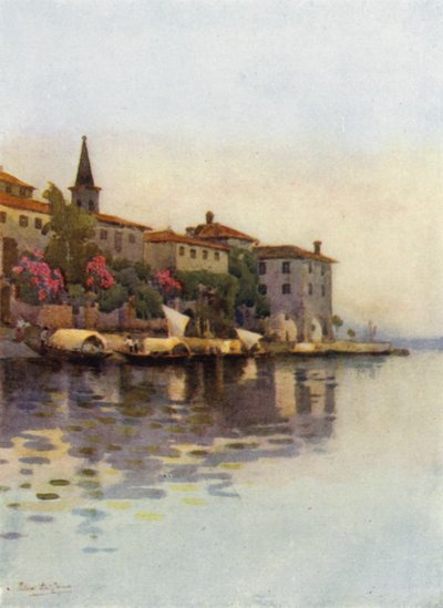 Una mañana gris, Lago Maggiore (litografía en color) de Ella Du Cane
