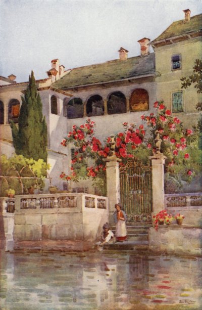 El jardín de una villa en el lago de Orta (litografía en color) de Ella Du Cane
