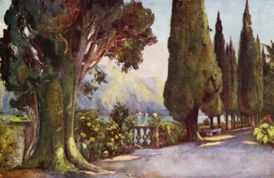 Avenida de los Cipreses, Villa del Pizzo, Lago de Como (litografía en color) de Ella Du Cane
