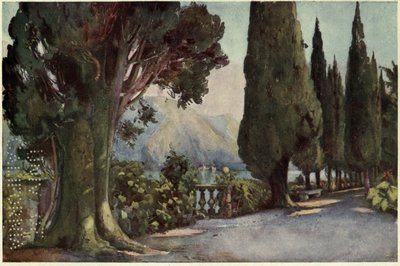 Avenida de los Cipreses, Villa del Pizzo, Lago di Como, Ilustración de "Los lagos italianos" de Richard Bagot de Ella Du Cane