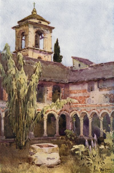 El Claustro de Piona, Lago de Como (litografía en color) de Ella Du Cane