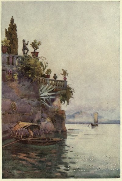 A la sombra de la terraza, Lago di Como, ilustración de "Los lagos italianos" de Richard Bagot de Ella Du Cane