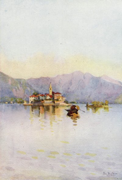 Isola Pescatori y el Sasso di Ferro, Lago Mayor (litografía en color) de Ella Du Cane
