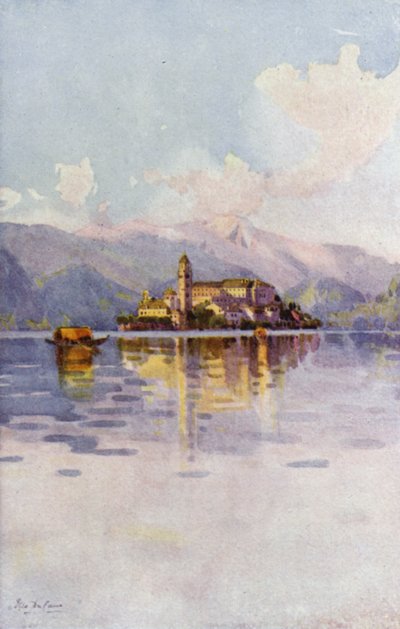 Isla de San Giulio, Lago de Orta (litografía en color) de Ella Du Cane