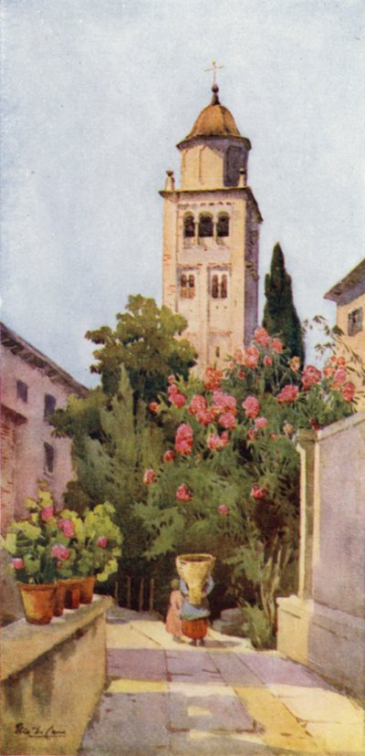 El Campanile de San Giulio, Lago de Orta (litografía en color) de Ella Du Cane