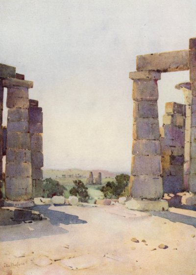 Los Colosos del Ramesseum a primera hora de la mañana (litografía en color) de Ella Du Cane