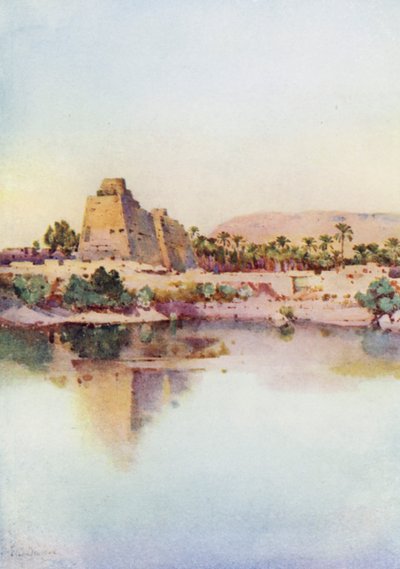 El pilón de Hatshepset en Karnak, desde el Lago Sagrado (litografía en color) de Ella Du Cane