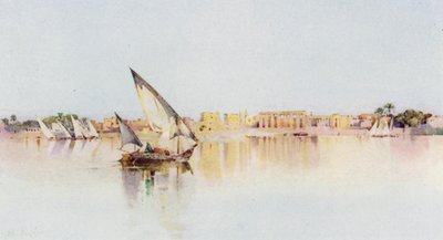 El templo de Luxor, desde la orilla oeste del Nilo (litografía en color) de Ella Du Cane