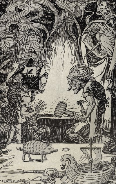 El tercer regalo un martillo enorme, ilustración de Mitos de Muchos Países, publicado en 1912 de Elmer Boyd Smith