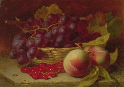 Bodegón de grosellas rojas, melocotones y uvas en una cesta de Eloise Harriet Stannard