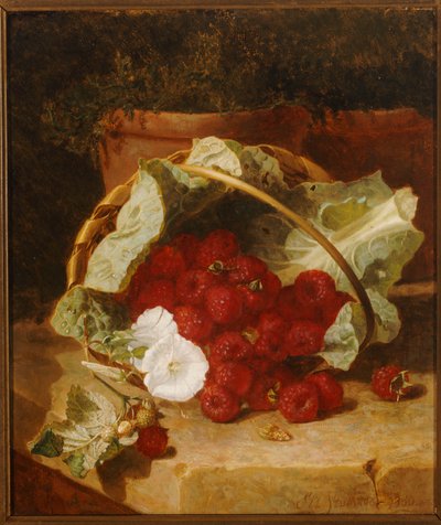 Frambuesas en una cesta forrada con hoja de col y convolvulus blanco en un borde de piedra, 1880 de Eloise Harriet Stannard