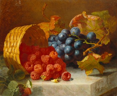 Naturaleza muerta con frambuesas y un racimo de uvas en un borde de mármol, 1882 de Eloise Harriet Stannard