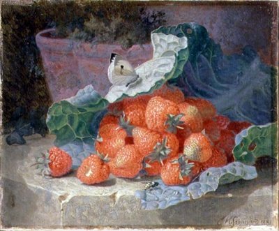 Fresas en una hoja de col con una maceta detrás de Eloise Harriet Stannard