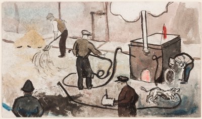 Londres: East End street works, c.1935 (tinta y acuarela sobre papel) de Elwin Hawthorne