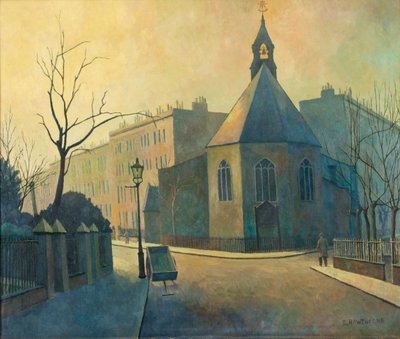 Escena callejera, Iglesia de San Juan Bautista, norte de Londres de Elwin Hawthorne