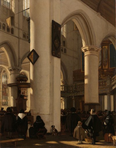 Interior de una iglesia gótica protestante durante un servicio religioso
Interior de una iglesia gótica protestante con motivos de la Oude Kerk de Ámsterdam de Emanuel de Witte
