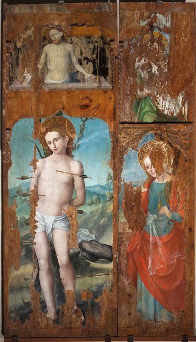 San Sebastián, Santa Lucía, Cristo resucitando con los símbolos de la Pasión, segunda mitad del siglo XVI (óleo sobre tabla) de Emanuele Macario