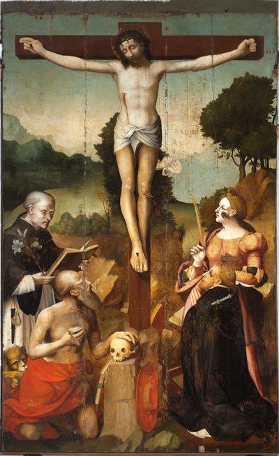 Crucifixión de Cristo con Santo Domingo, San Jerónimo, Santa Catalina de Alejandría y San Pedro mártir de Emanuele & Pancalino Cristoforo (Raffaello de Rossi) (fl.1525 1578) Macario