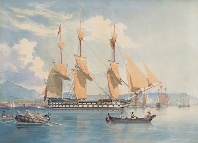 HMS Ganges anclado y secando sus velas frente a Río de Janeiro de Emeric Essex Vidal