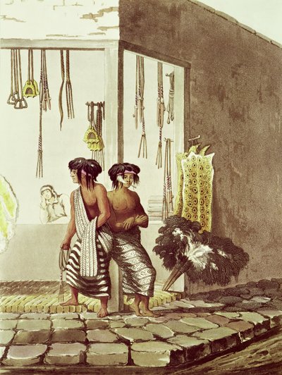 Indios Pampa en una tienda en el mercado indio de Buenos Aires, de 
