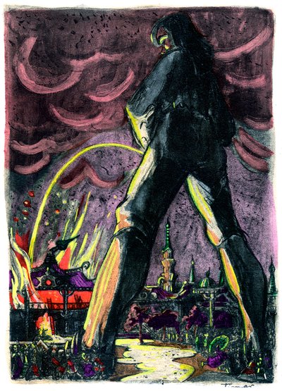 Gulliver orina sobre las llamas para apagar el fuego del palacio de la emperatriz de Liliput de Emeric Timar