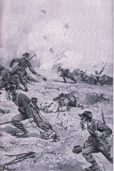 Un ataque con granadas de mano francesas en Les Spanges, de La Historia Ilustrada de la Primera Guerra Mundial 1914-1915 pub. por Union Berlagsefellfchaft de Emil (after) Limmer