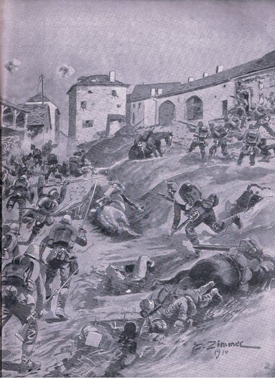 El 2º Batallón de Cazadores Bávaros de Aschaffenberg en Lagarde agosto de 1914, de La Historia Ilustrada de la Primera Guerra Mundial 1914-1915 pub. por Union Berlagsefellfchaft de Emil (after) Limmer