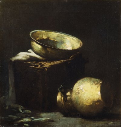 Naturaleza muerta con ollas de cobre y pez negro de Emil Carlsen