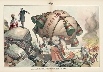 Detén tu cruel opresión de los judíos, revista Judge de septiembre de 1905 (cromolitografía) de Emil Flohri