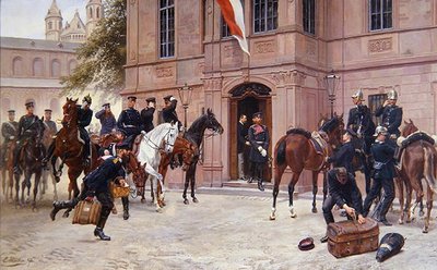 El Príncipe Heredero Ludwig IV de Hesse-Darmstadt despidiéndose de Cornelius Heyl, antes de Schlosschen, Worms, mientras parte a la Batalla de Sedan en 1870 de Emil Huenten