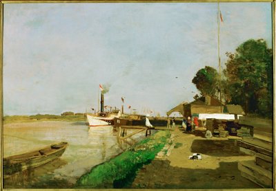 Dampfschiffstation an der Donau bei Kaisermuehlen - Estación de vapor en el Danubio cerca de Kaisermuehlen ... (pintura sobre lienzo) de Emil Jakob Schindler