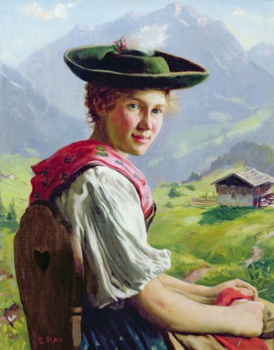 Niña con sombrero en paisaje montañoso de Emil Karl Rau