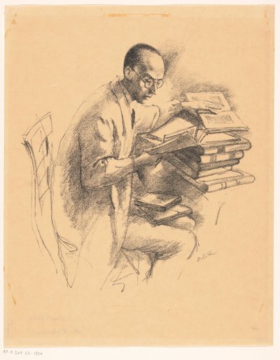 Hombre detrás de un escritorio lleno de libros de Emil Orlik (signed by artist)