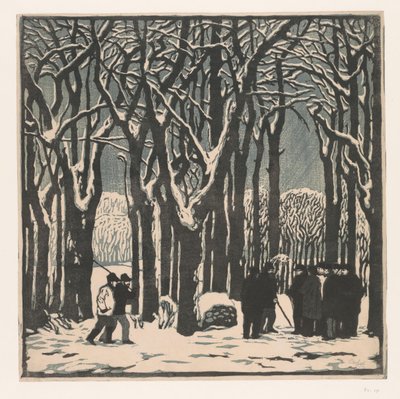 Hombres en un bosque de invierno de Emil Orlik (signed by artist)