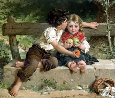 Niño besando a niña y dándole manzanas, según E. Munier de Émile (after) Munier