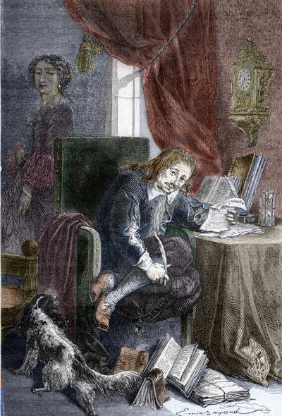 Retrato del escritor francés Paul Scarron (1610-1660) autor de comedias burlescas, está representado en una silla de inválido, su esposa Françoise d