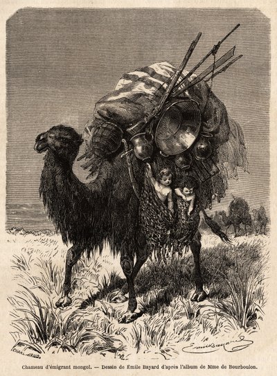 Un camello emigrante mongol, cargando provisiones, diversos utensilios, alfombras, mantas y madera del marco de la tienda, así como niños pequeños en cestas colgantes. Dibujo de Emile Bayard (1837-1891), para ilustrar el viaje de Shanghái a Moscú, de 1859  de Emile Antoine Bayard