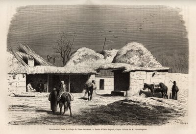 Un caravasar en el pueblo de Viejo Taskent (o Tashkend), capital del Turquestán ruso, grabado después de un dibujo de Emile Bayard, para ilustrar el viaje de Basile Vereschagin a Asia Central en 1867-1868, publicado en "Le tour du monde" 1873, editado por  de Emile Antoine Bayard