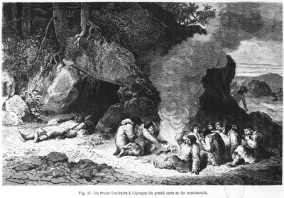 Una comida funeraria en la época del oso y el mamut, ilustración de 