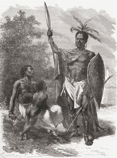 Un nativo de Ougogo, África Central, en traje de guerra, ilustración de 