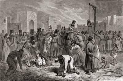 Adúlteros siendo apedreados y colgados en Turquía, ilustración de 