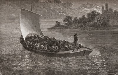 Arminio Vambery y sus compañeros navegando el Mar Caspio en 1863, ilustración de 