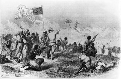 Ataque de Zimbiso en busca de Livingstone 1871-1872 (dibujo) de Emile Antoine Bayard