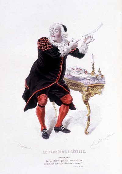 Bartholo en el Barbier de Seville en Ovre complet de Beaumarchais (1732-1799) por Edouard Fournier, Ed. Laplace, Sanchez et Cie, París 1876 (grabado) Aquí Bartholo en Le barbier de Seville de Emile Antoine Bayard