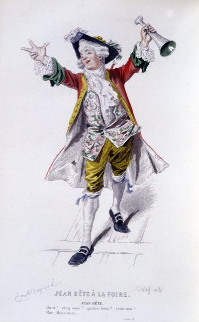 Obra completa de Beaumarchais (1732-1799) por Edouard Fournier. dibujo de Emile Bayard. Ed. Laplace, Sanchez et Cie, París 1876. Este es Jean Bestia en "Jean Bestia en la Feria" de Emile Antoine Bayard